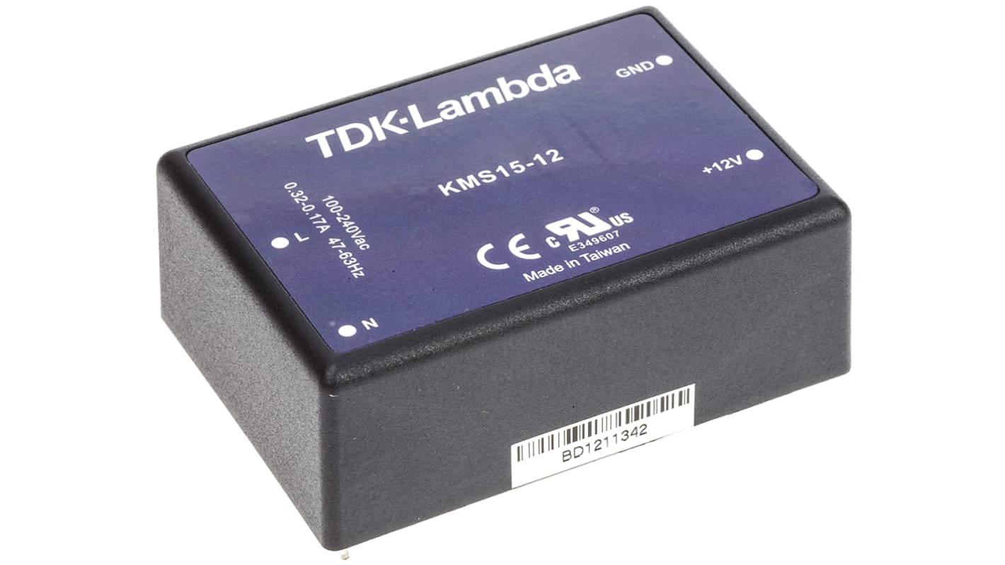 TDK-Lambda Switching Power Supply, KMS15-12, 12V dc, 1.25A, 15W, 1 Output, 100 → 375 V dc, 90 → 264 V ac