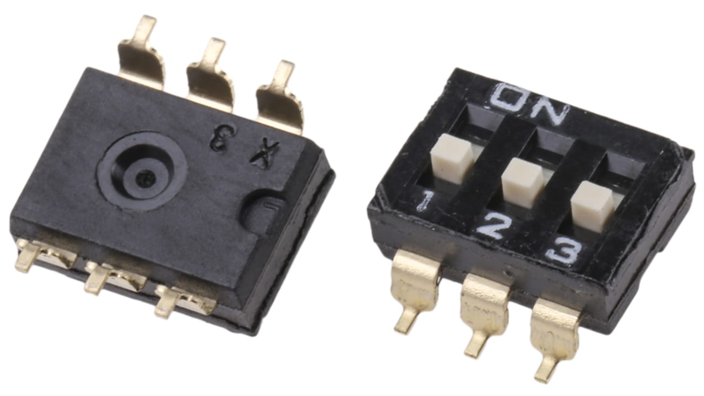 Interruptor DIP, 3PST, Montaje superficial, Actuador Deslizante, 25 mA a 24 V dc, 3 vías, -20 → +70°C