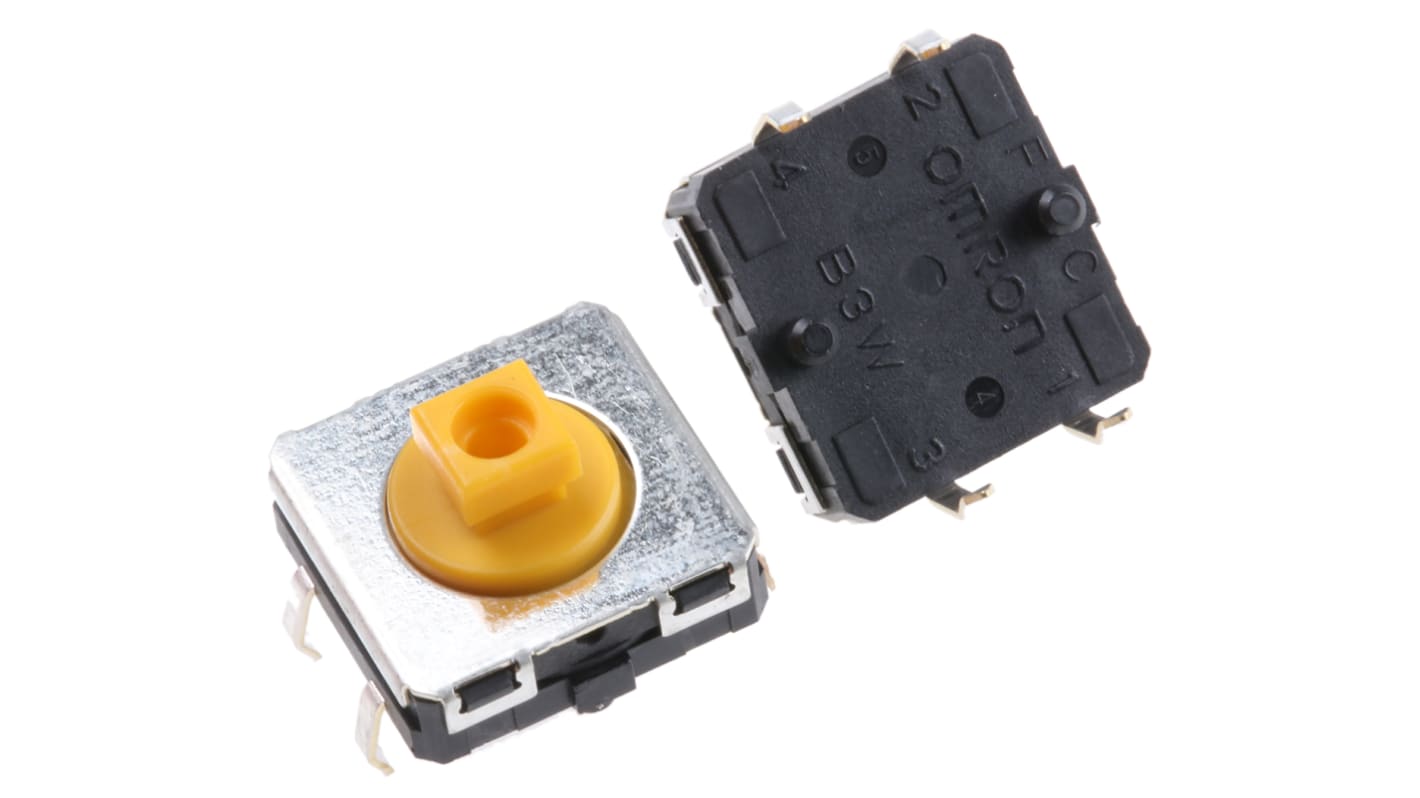 Omron IP67 Yellow Plunger Tactile Switch, SPST 50 mA @ 24 V dc 3.75mm Through Hole