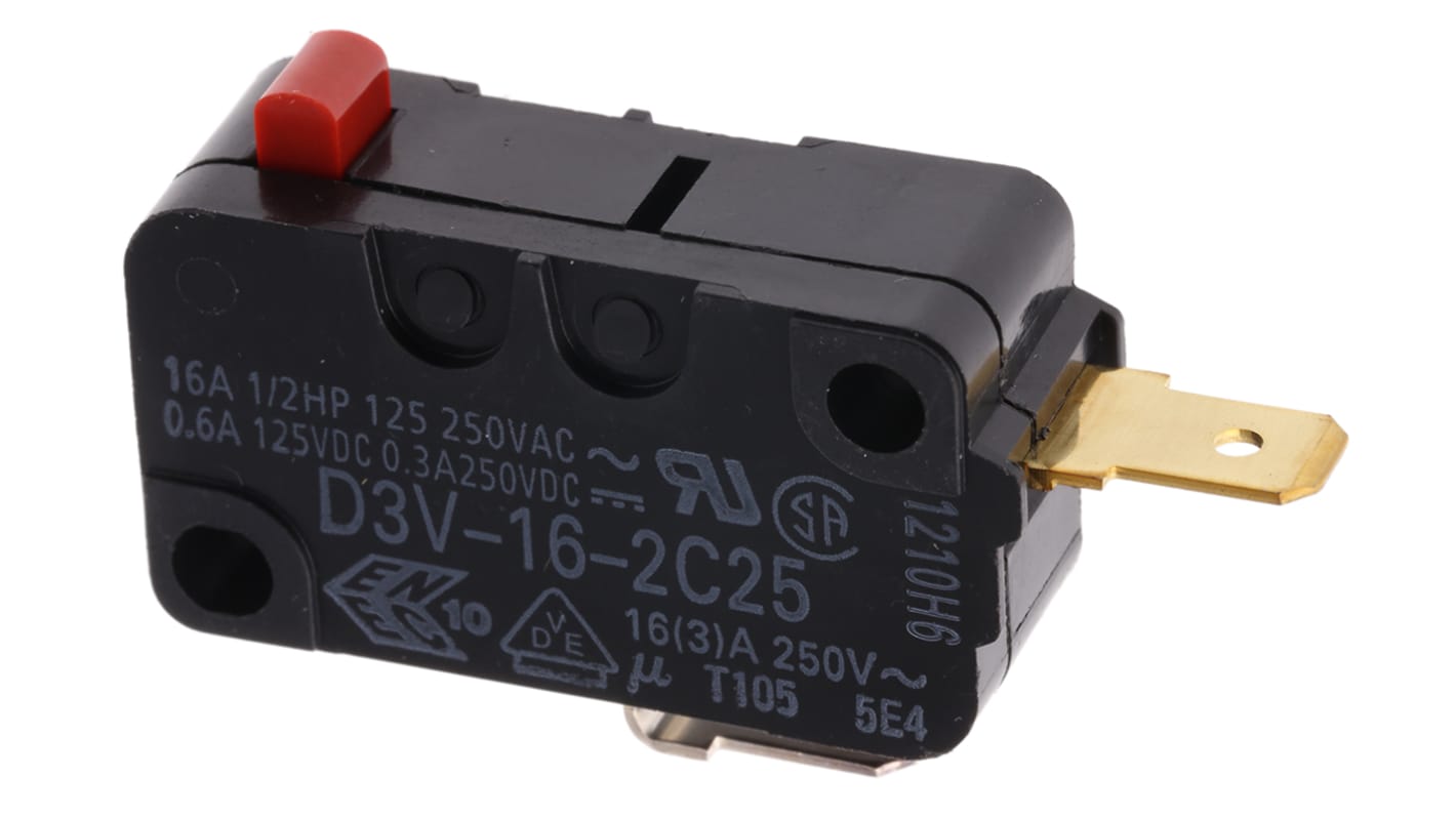 Omron Pin Plunger Micro Switch, Tab Terminal, 16 A @ 250 V ac, SPST, IP40