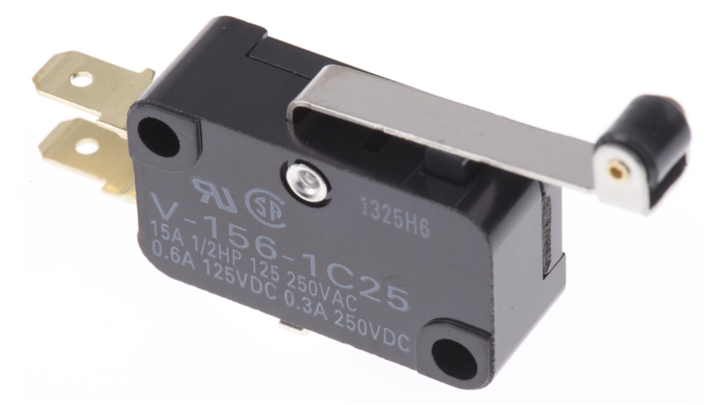 Omron 滚轮杆微动开关, 单刀双掷, 15 A @ 250 V 交流触点, 插片端, 操作力1.23 N, IP40