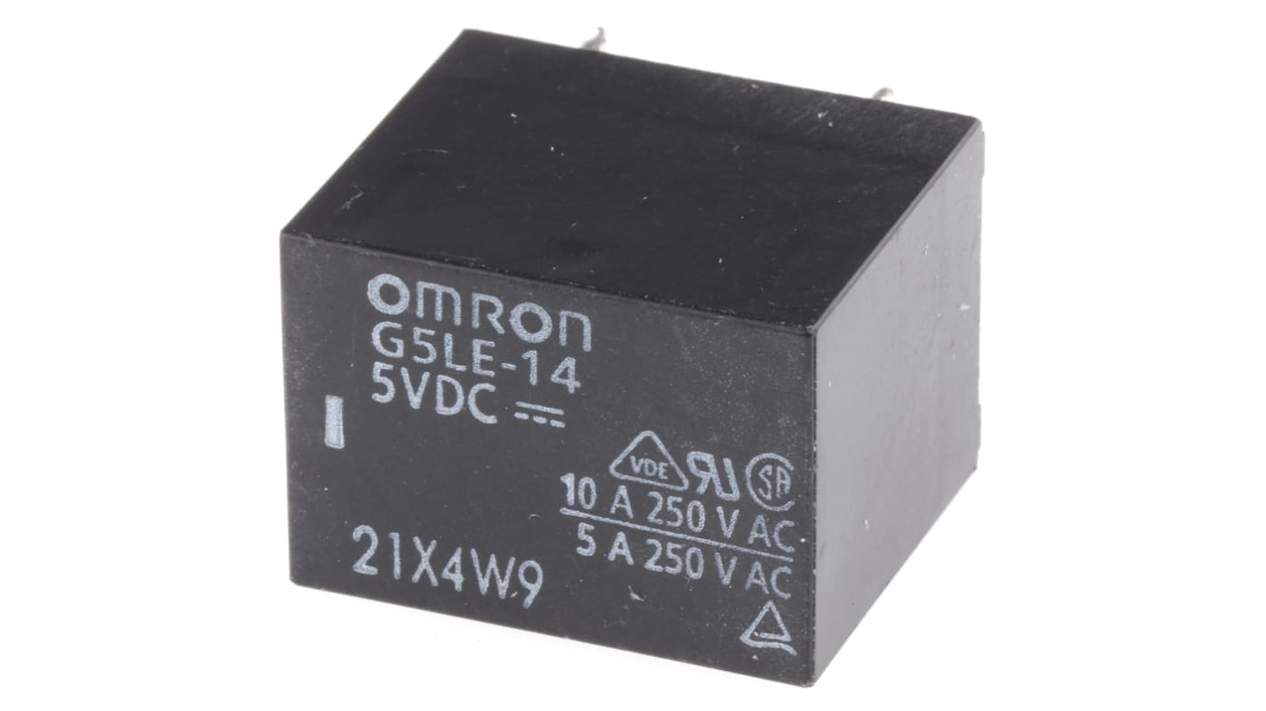 Relè di potenza Omron serie G5LE, SPST-NA, bobina 5V cc, Montaggio su circuito stampato