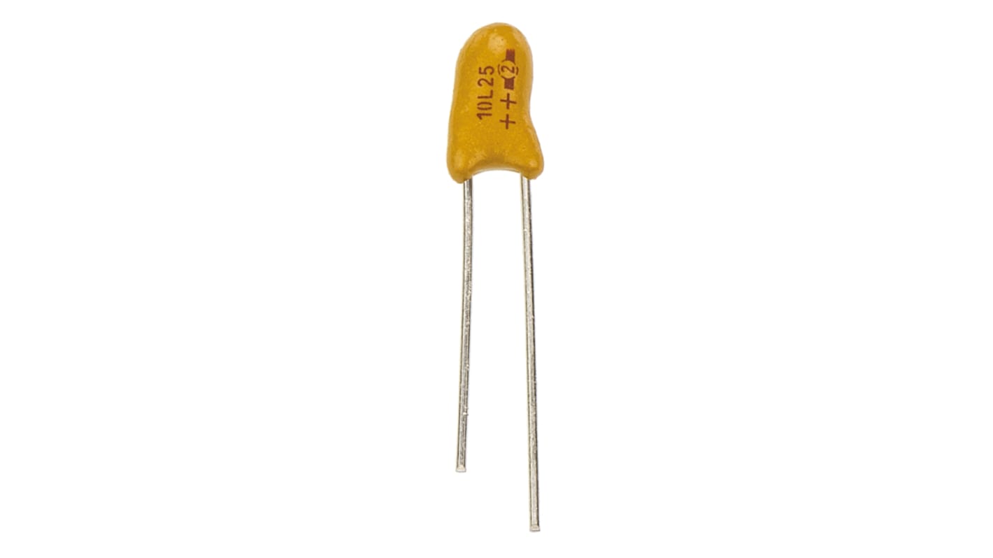 Vishay 489D  Kondensator, MnO2, 10μF, 25V dc THT, 2.5mm, ±20%, °C