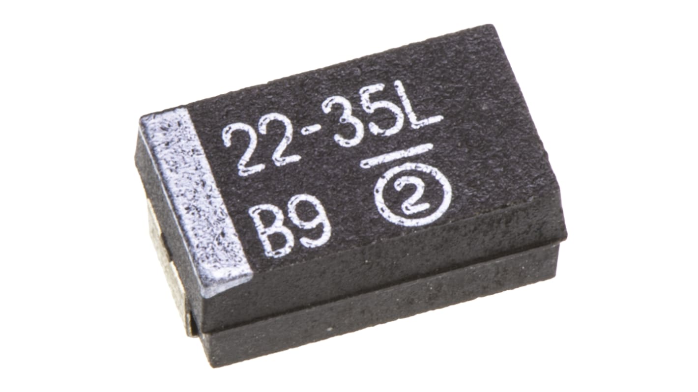 Tantalový kondenzátor, řada: 593D ±10% 22μF 35V dc, SMD, 7343-31 ESR 300mΩ MnO2 Vishay