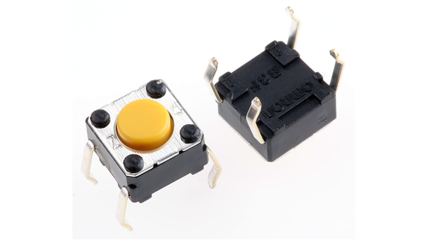 Interruptor táctil tipo Émbolo, Amarillo, contactos SPST 4.3mm, Montaje en orificio pasante