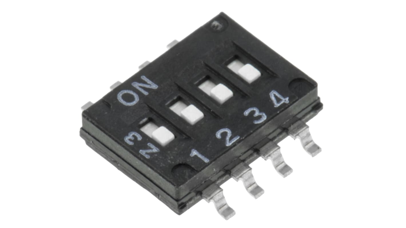 Interruptor DIP, 4PST, Montaje superficial, Actuador Deslizante, 25 mA a 24 V dc, 4 vías, -20 → +70°C