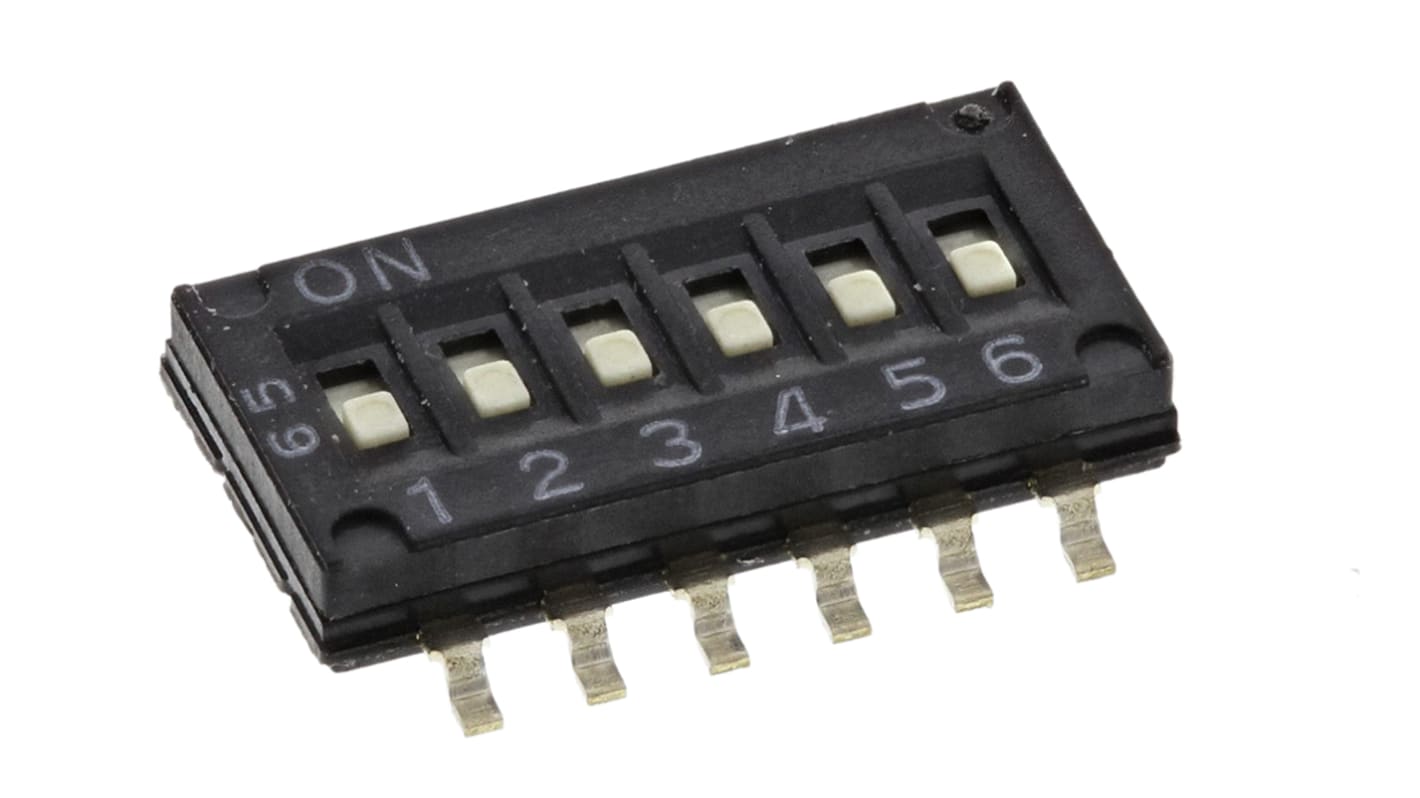 Interruttore DIP A6H6101, 6P, 25 mA a 24 V cc, 6 posizioni, attuatore a Slitta, Montaggio superficiale