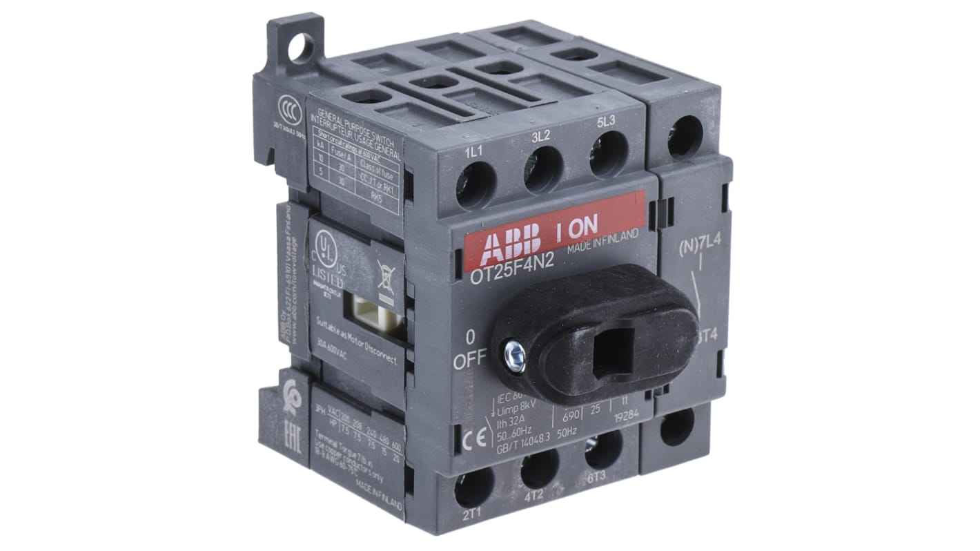 ABB 4P Pole Base Mounting Isolator Switch - 25A Maximum Current, 9kW Power Rating, IP20