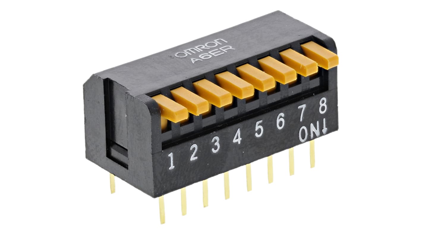 Interruptor DIP, 8P, Montaje en orificio pasante, Actuador Piano, 25 mA a 24 V dc, 8 vías, -20 → +70°C