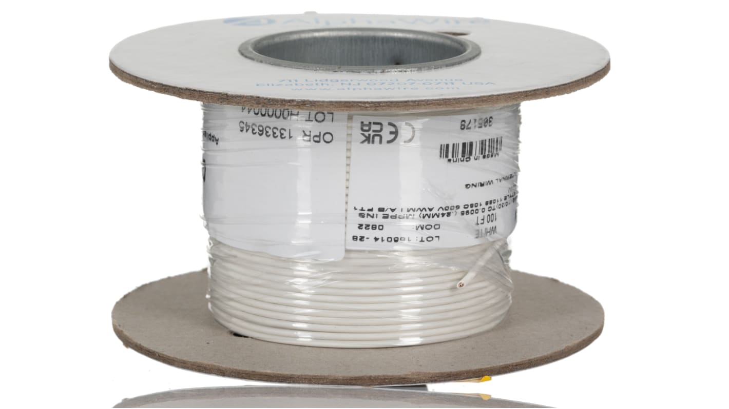 Alpha Wire Einzeladerleitung 0,52 mm², 20 AWG 30m Weiß MPPE isoliert Ø 1.4mm 10/0,25 mm Litzen UL11028
