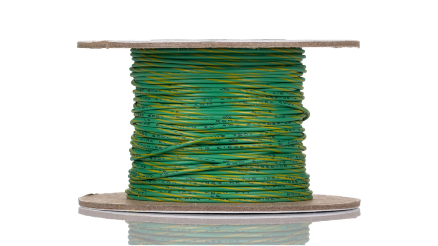 Alpha Wire 绿色/黄色圆电线, 0.52 mm², 30m长, 20 AWG, 600 V, 最高+105°C, MPPE绝缘, Ecogen Ecowire系列