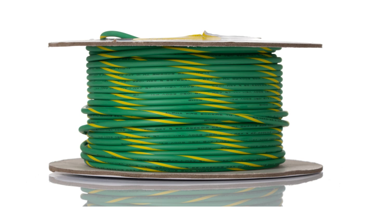 Alpha Wire Ecogen Ecowire Series Green/Yellow 5.2 mm² Hook Up Wire, 10 AWG, 105/0.25 mm, 30m, MPPE Insulation