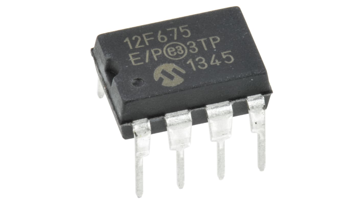 Microchip PIC12F单片机, PIC内核, 8针, PDIP, 最大20MHz, 1024 x 14 字，128 B 闪存, 64 B RAM