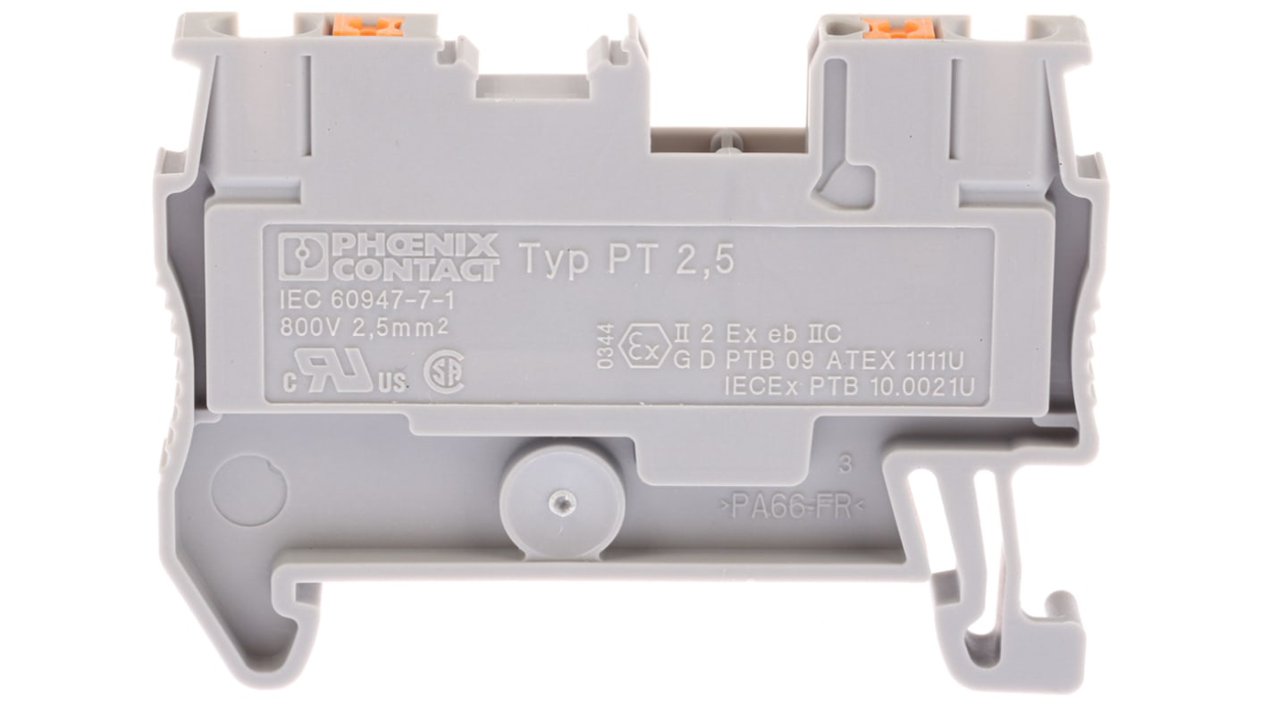 Phoenix Contact 单层直通式接线端子, 24A, 800 V, 0.14 → 4mm²CSA, 推入式端接, 灰色, PT 2.5系列, PT 2,5