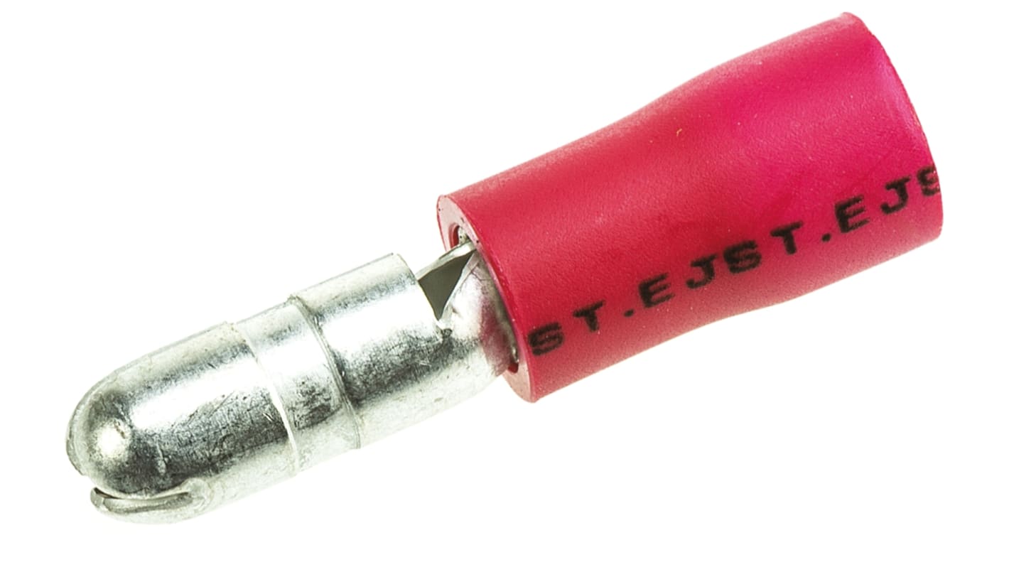 JST 弹头端子公插, 线规0.25mm²至1.65mm², Φ4mm弹头, 红色, 乙烯基绝缘, 20.7mm总长, FVDAGM系列