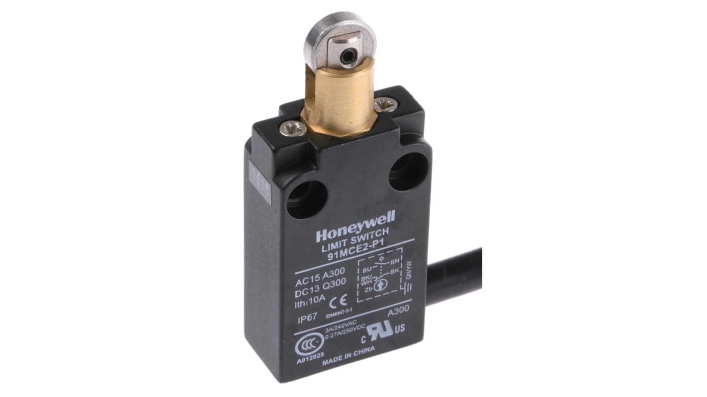 Honeywell 91MCE Series Plunger Limit Switch, NO/NC, IP67, Die Cast Zinc Housing, 300V ac Max, 10A Max