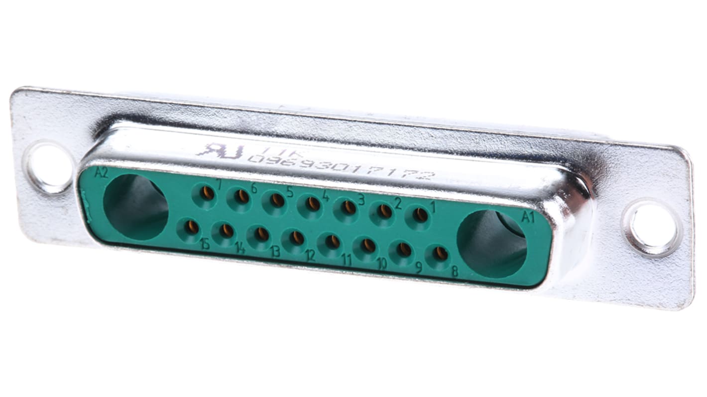 HARTING 17针混合触点D-Sub母座, 直向, 面板安装, 焊接端接, 5.0A