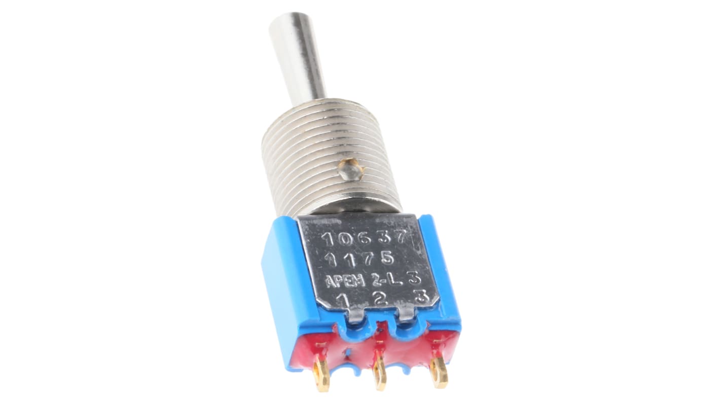 APEM Toggle Switch, Panel Mount, (On)-Off-(On), SPDT, Solder Terminal