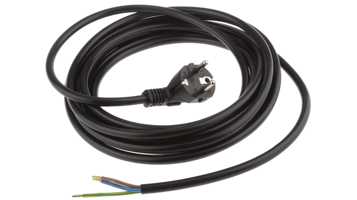 Kopp Konfektioniertes Stromkabel, A offenes Ende, B Typ F Deutscher Schutzkontakt-Stecker / Stecker, 16 A, 5m Schwarz,