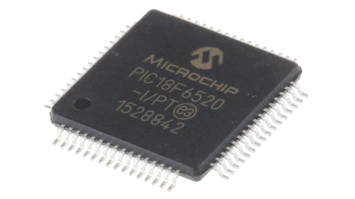 Microchip PIC18F6520-I/PT, 8bit PIC Microcontroller, PIC18F, 40MHz, 1.024 kB, 32 kB Flash, 64-Pin TQFP