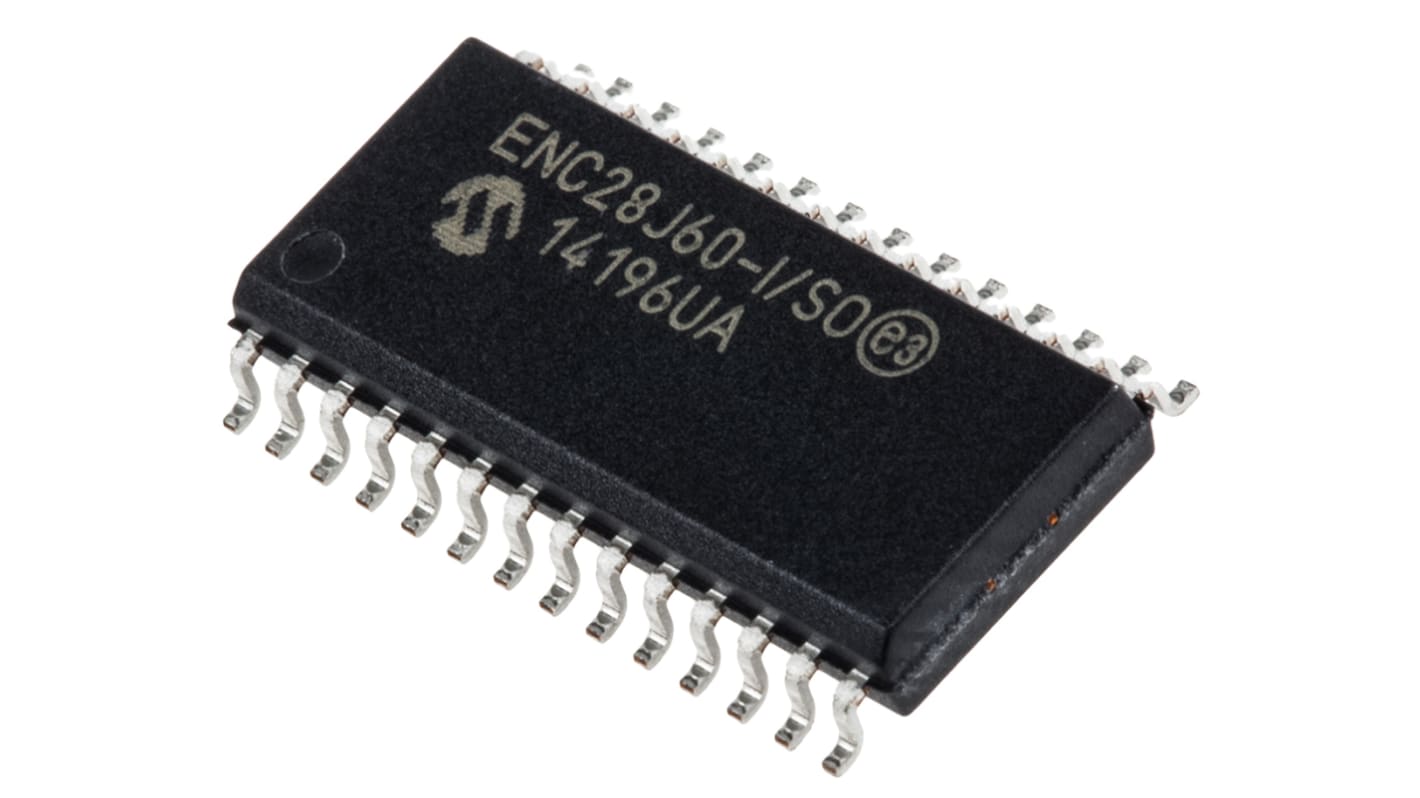 Microchip ENC28J60-I/SO, Ethernet Controller, 10Mbps SPI, Serial-SPI, 3.3 V, 28-Pin SOIC