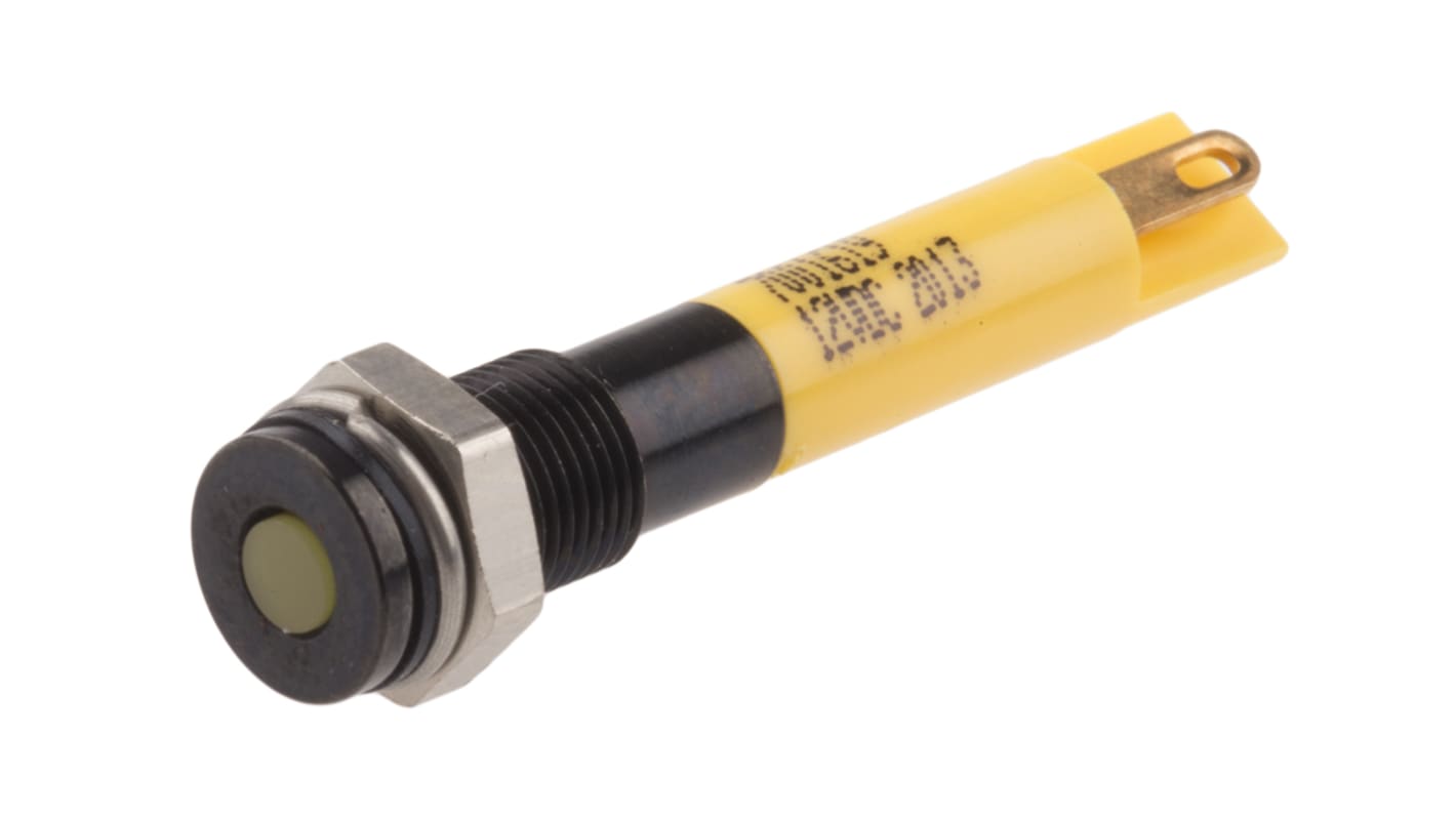 RS PRO Yellow Panel Mount Indicator, 12V dc, 6mm Mounting Hole Size, Solder Tab Termination, IP67