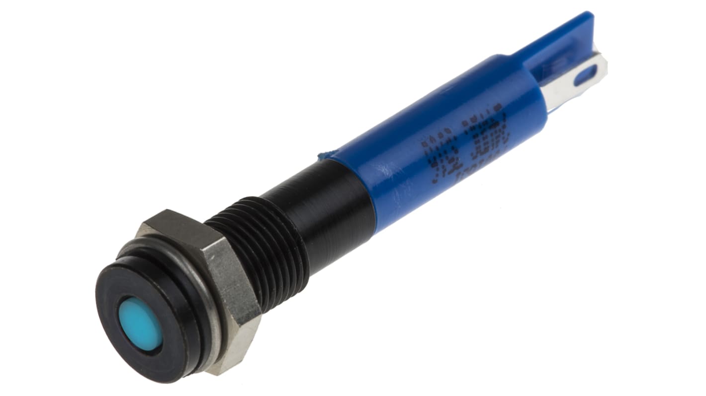 RS PRO Blue Panel Mount Indicator, 24V dc, 6mm Mounting Hole Size, Solder Tab Termination, IP67