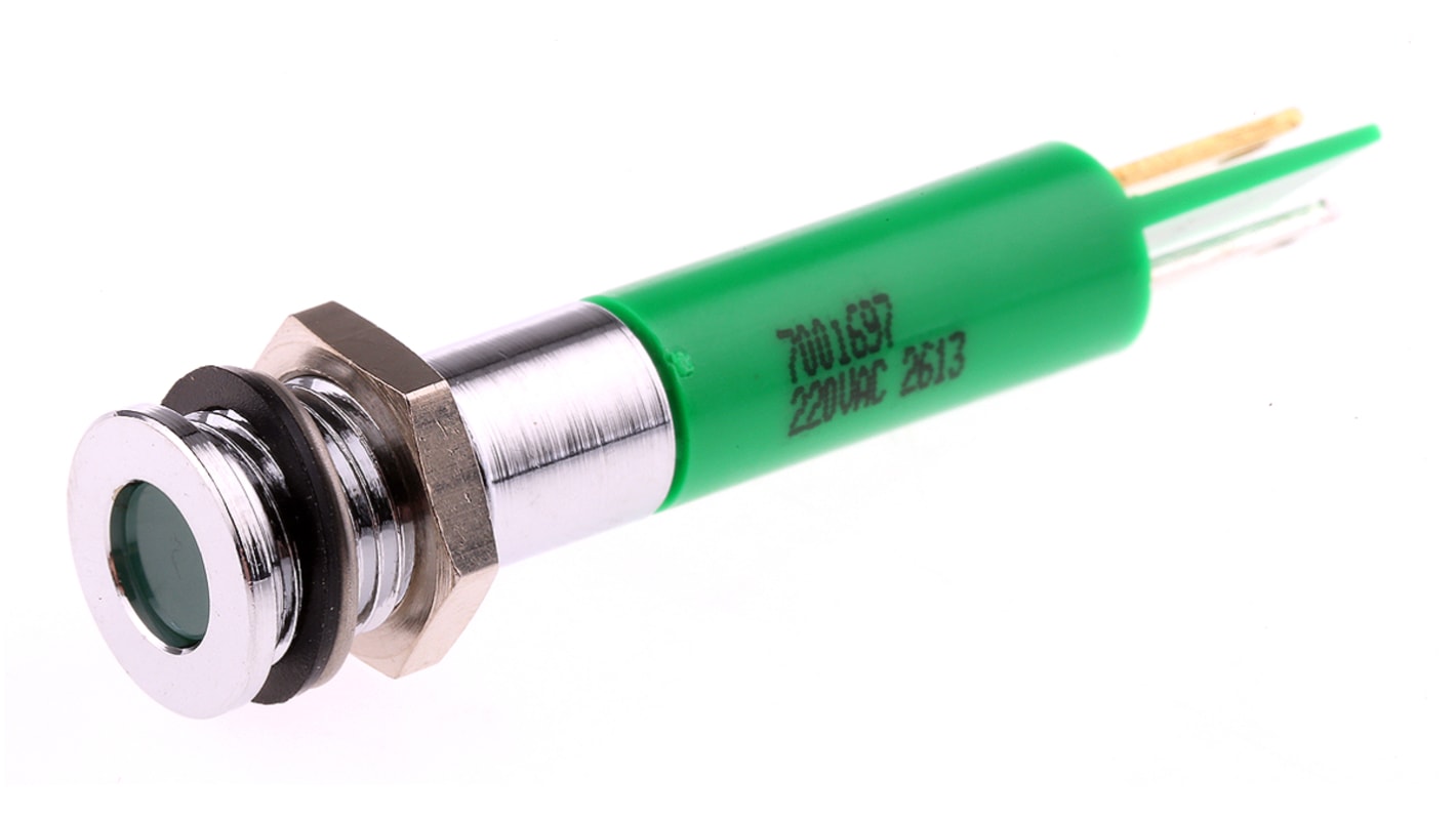 RS PRO 绿色LED面板指示灯, 220V 交流, 20mA, Φ8mm安装孔, 焊片端接, 嵌入式边框, 铬色边框, IP67