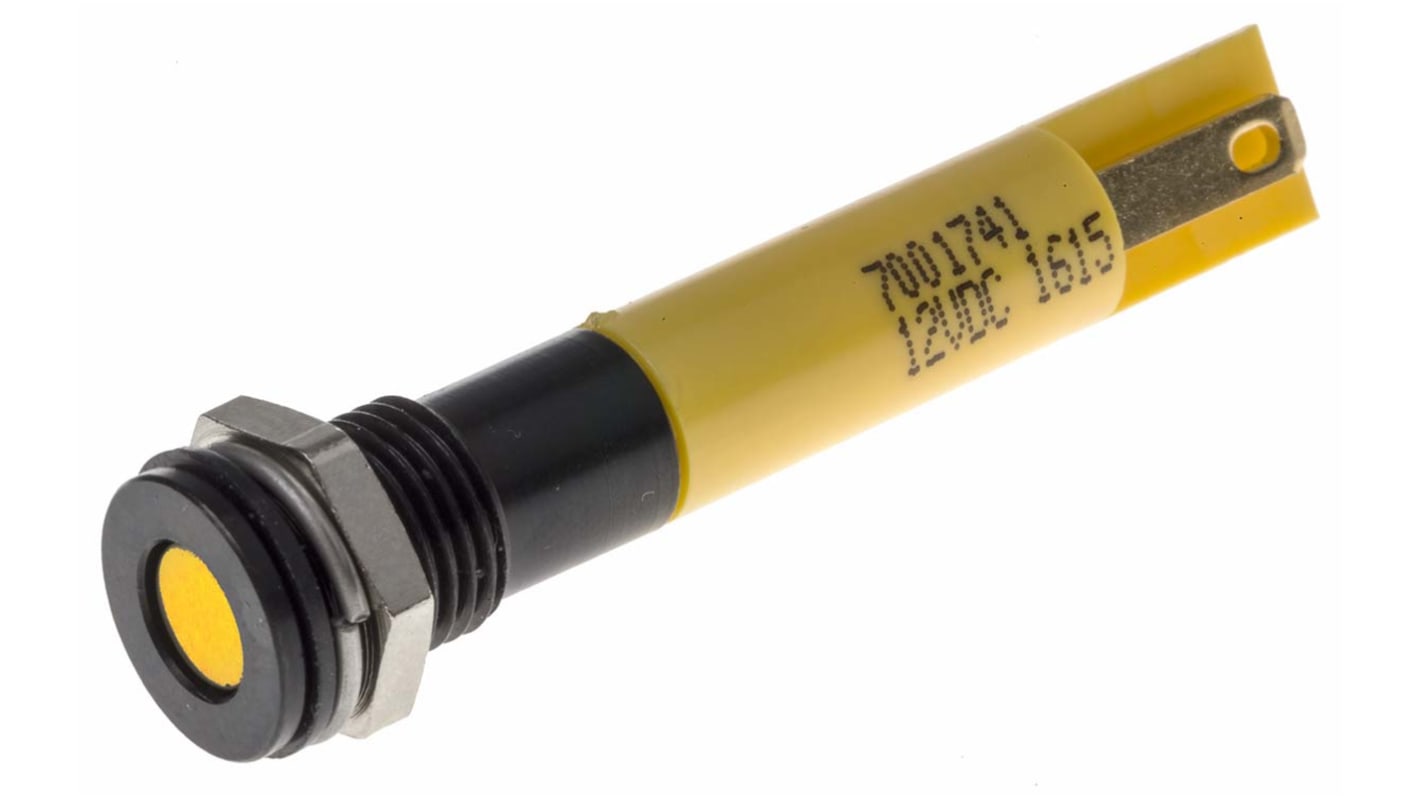 RS PRO Yellow Panel Mount Indicator, 12V dc, 8mm Mounting Hole Size, Solder Tab Termination, IP67