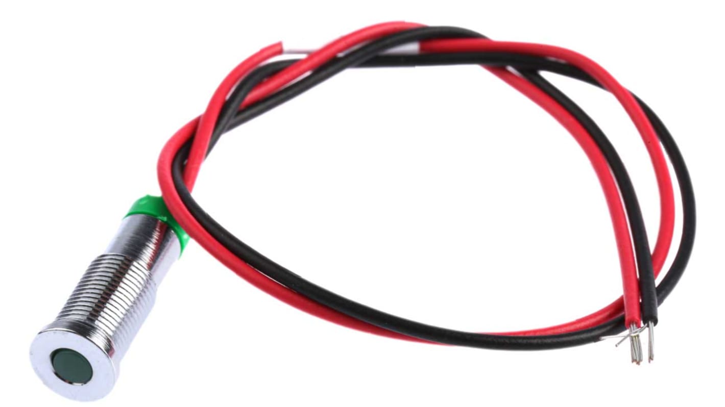 RS PRO 绿色LED面板指示灯, 2V 直流, 20mA, Φ6mm安装孔, 引线端接, 嵌入式边框, 铬色边框, IP67