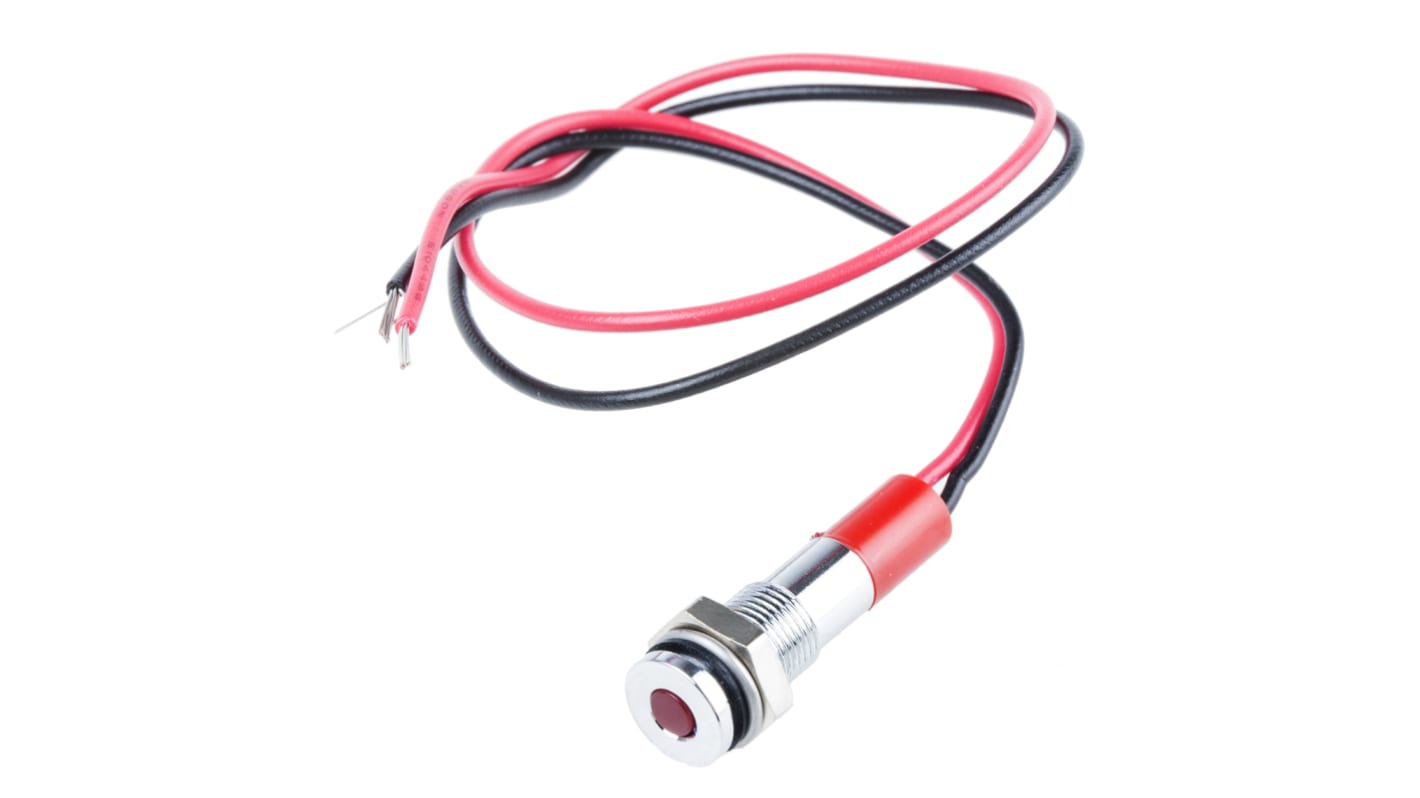 Indicador LED RS PRO, Rojo, lente enrasada, marco Cromo, Ø montaje 6mm, 12V dc, 20mA, 10mcd, IP67