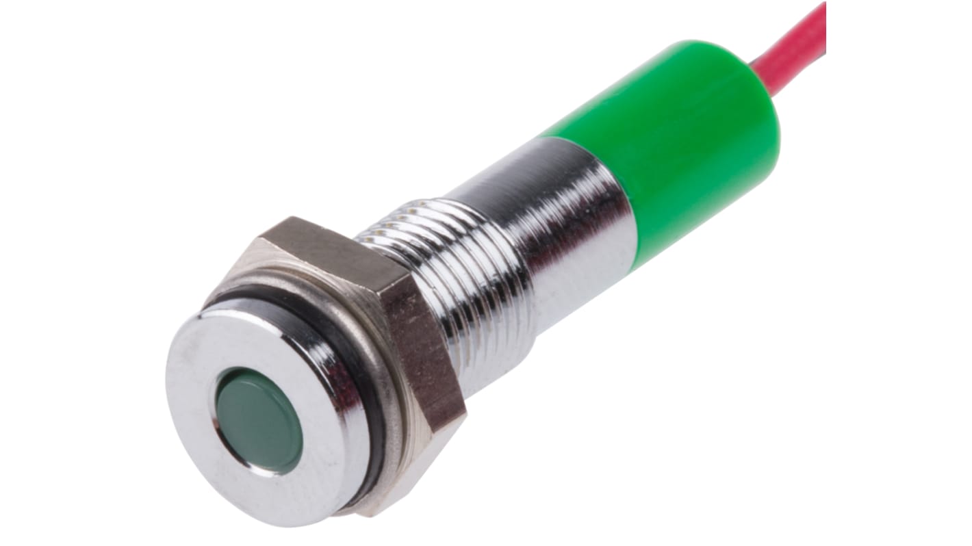 RS PRO Green Panel Mount Indicator, 24V dc, 6mm Mounting Hole Size, Lead Wires Termination, IP67