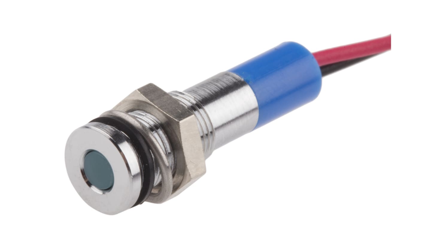 RS PRO Blue Panel Mount Indicator, 24V dc, 6mm Mounting Hole Size, Lead Wires Termination, IP67