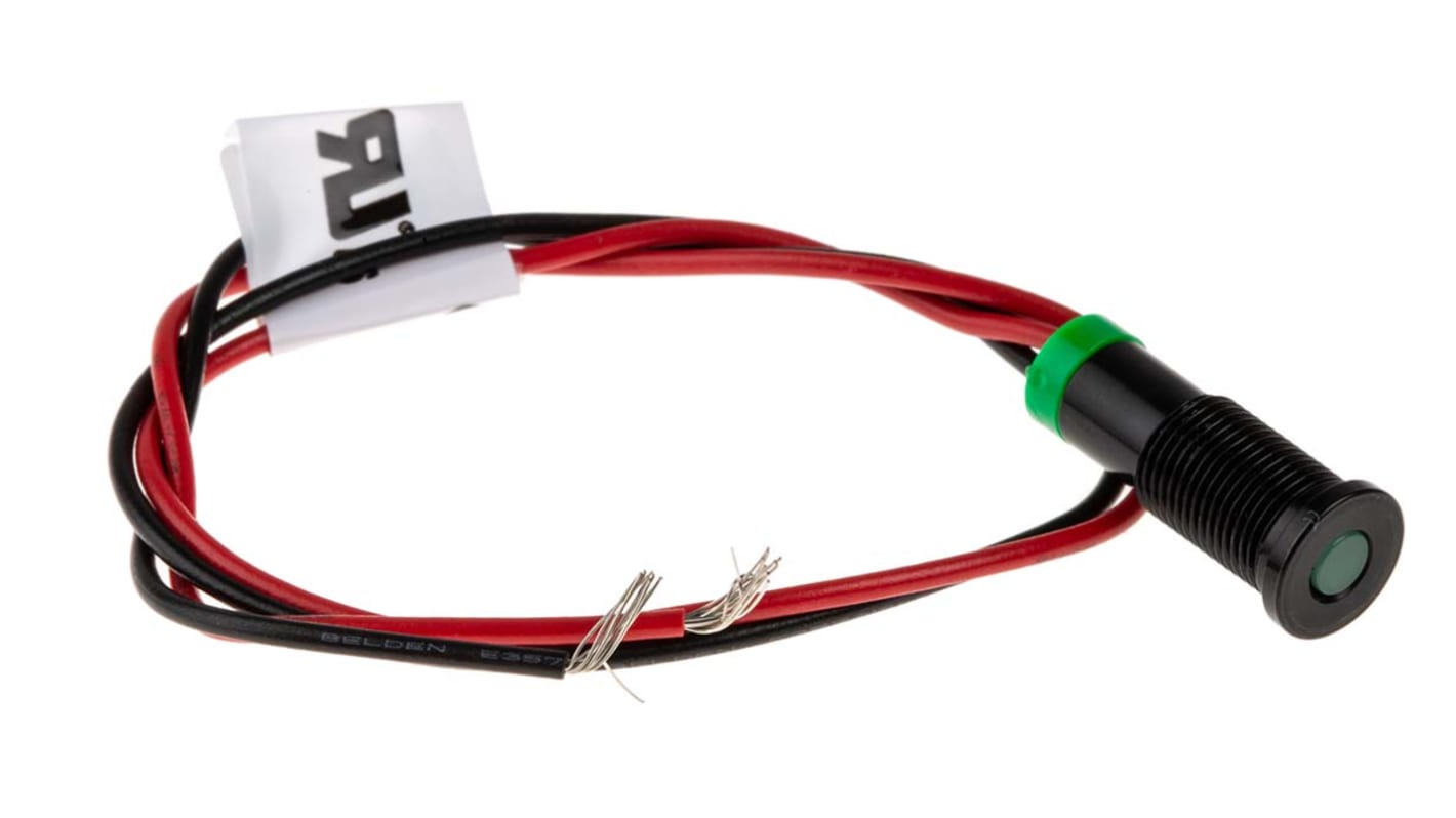 RS PRO Green Panel Mount Indicator, 2V dc, 6mm Mounting Hole Size, Lead Wires Termination, IP67