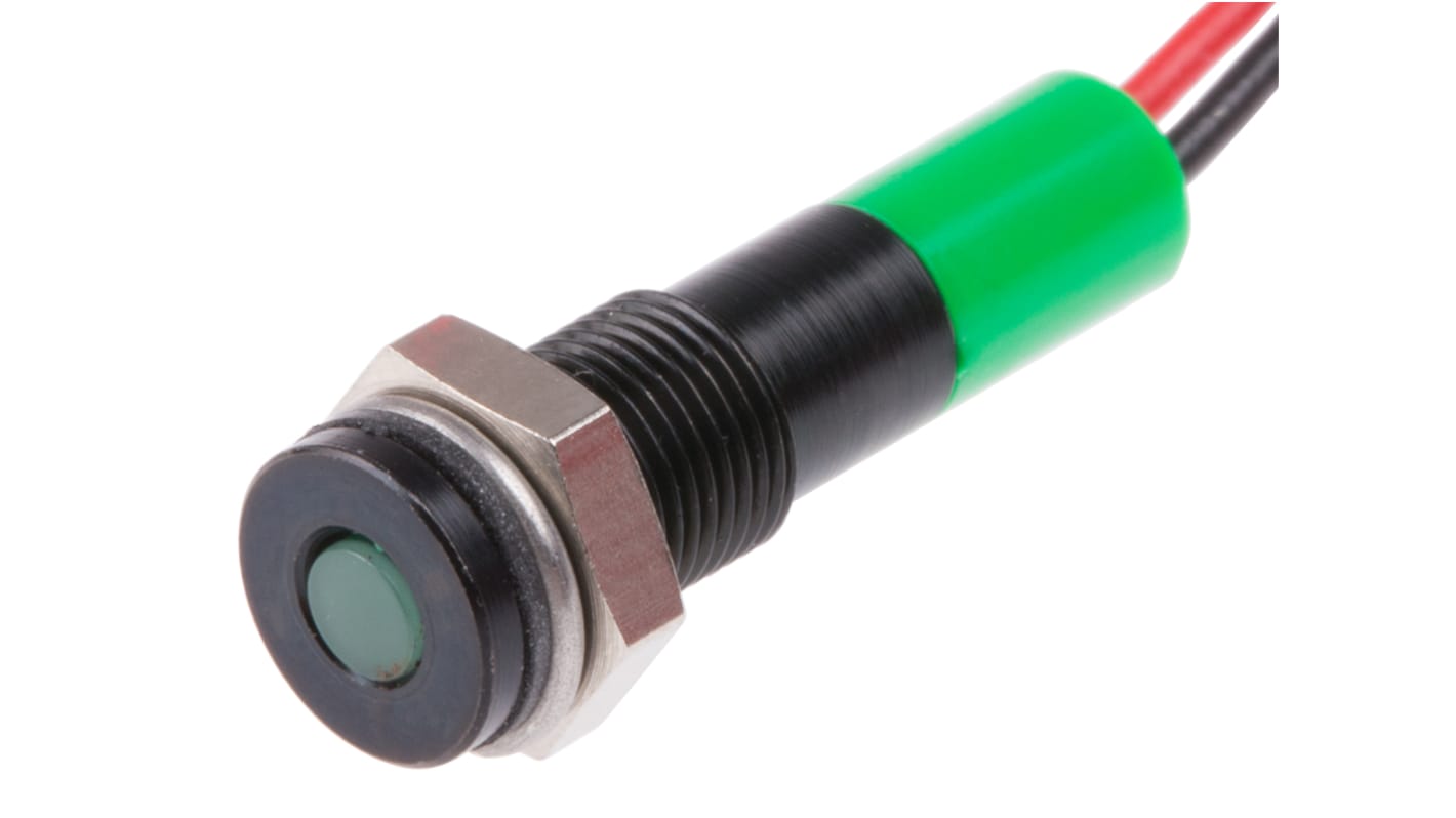 Indicatore da pannello RS PRO Verde  a LED, 12V cc, IP67, A filo, foro da 6mm