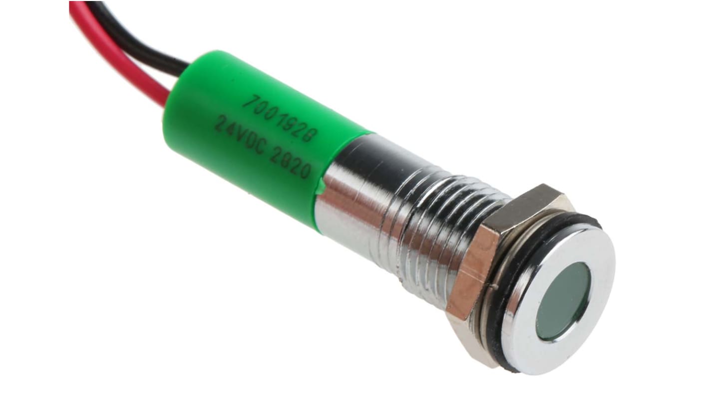 RS PRO 绿色LED面板指示灯, 24V 直流, 20mA, Φ8mm安装孔, 引线端接, 嵌入式边框, 铬色边框, IP67