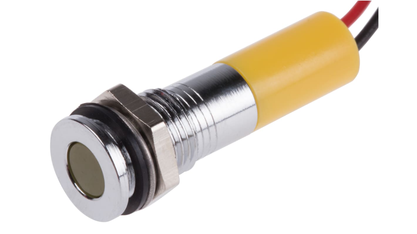 RS PRO Yellow Panel Mount Indicator, 24V dc, 8mm Mounting Hole Size, Lead Wires Termination, IP67