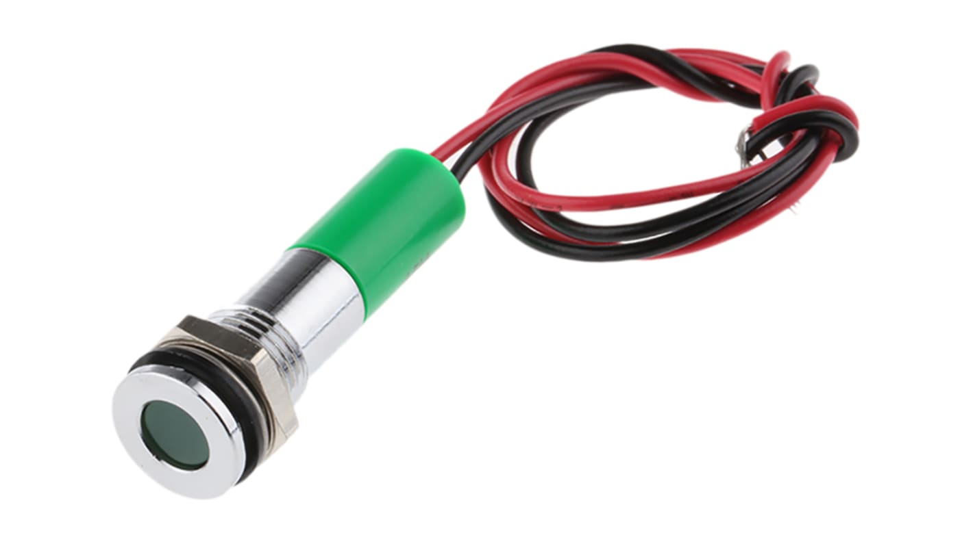RS PRO 绿色LED面板指示灯, 220V 交流, 20mA, Φ8mm安装孔, 引线端接, 嵌入式边框, 铬色边框, IP67