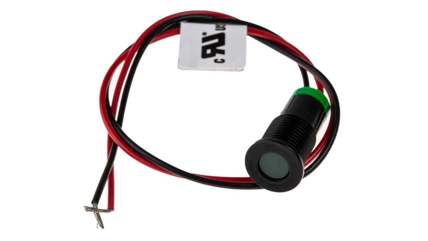 RS PRO Green Panel Mount Indicator, 2V dc, 8mm Mounting Hole Size, Lead Wires Termination, IP67