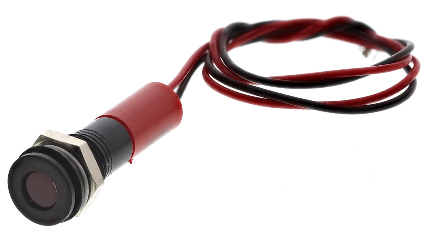 RS PRO Red Panel Mount Indicator, 24V dc, 8mm Mounting Hole Size, Lead Wires Termination, IP67