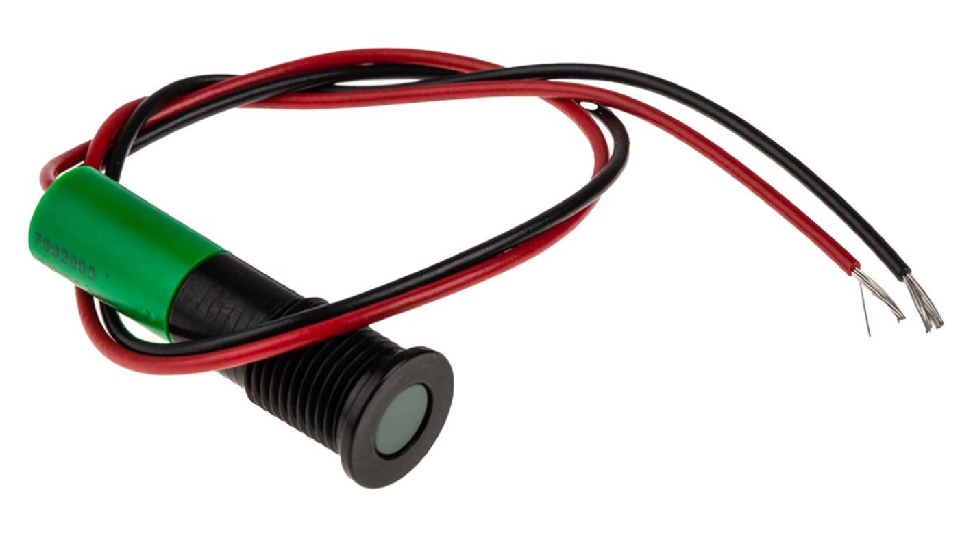RS PRO Green Panel Mount Indicator, 24V dc, 8mm Mounting Hole Size, Lead Wires Termination, IP67