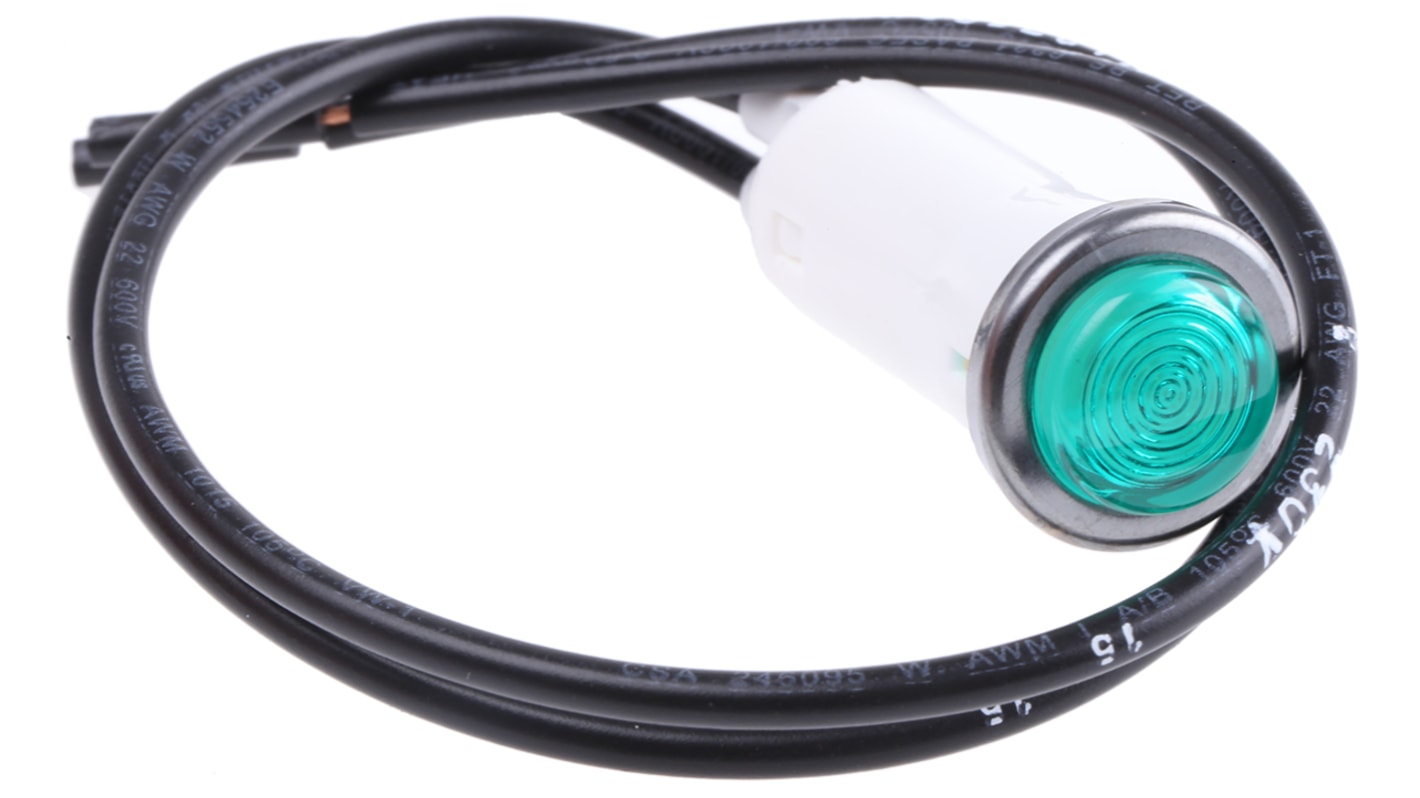 Arcolectric (Bulgin) Ltd Green Neon Panel Mount Indicator, 230V ac, 12.7mm Mounting Hole Size, Lead Wires Termination