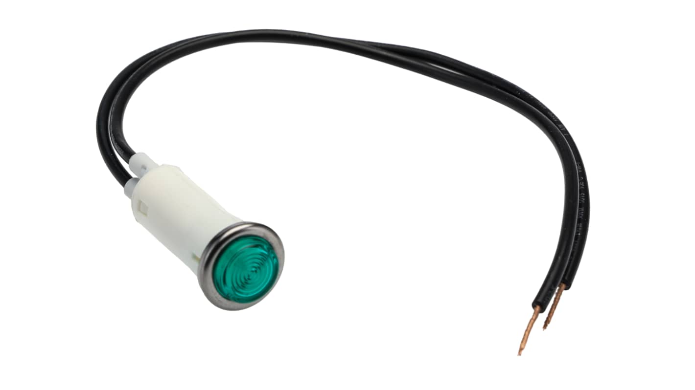 Arcolectric (Bulgin) Ltd Green Neon Panel Mount Indicator, 230V ac, 12.7mm Mounting Hole Size, Lead Wires Termination