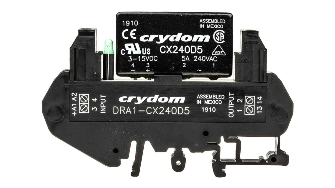 Sensata Crydom DRA1-CX Series Solid State Interface Relay, 15 V dc Control, 5 A rms Load, DIN Rail Mount