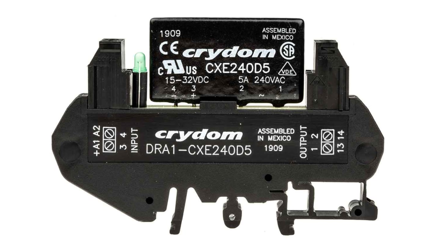 Sensata Crydom DRA1-CX Series Solid State Interface Relay, 32 V dc Control, 5 A rms Load, DIN Rail Mount