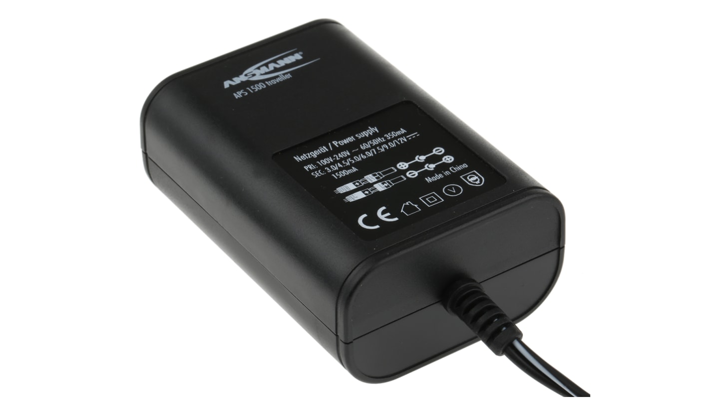 Ansmann Steckernetzteil AC/DC-Adapter 18W, 100V ac, 3 V dc, 4.5 V dc, 5 V dc, 6 V dc, 7.5 V dc, 9 V dc, 12V dc / 1.5A,