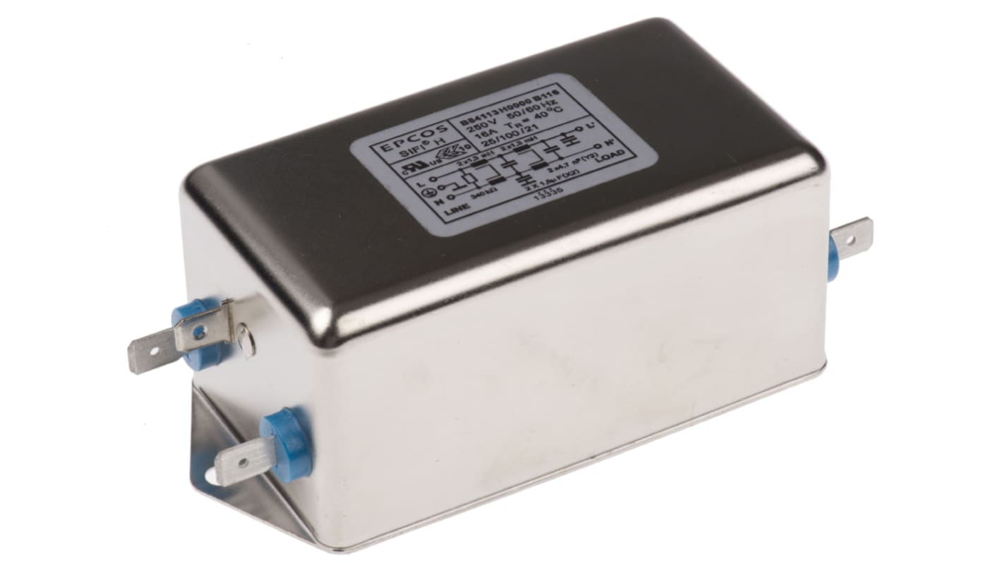 EPCOS 单相EMC滤波器, 16A, 250 V 交流/直流, 50 → 60Hz, 底盘安装, 插片接端, 二阶, B84113H系列