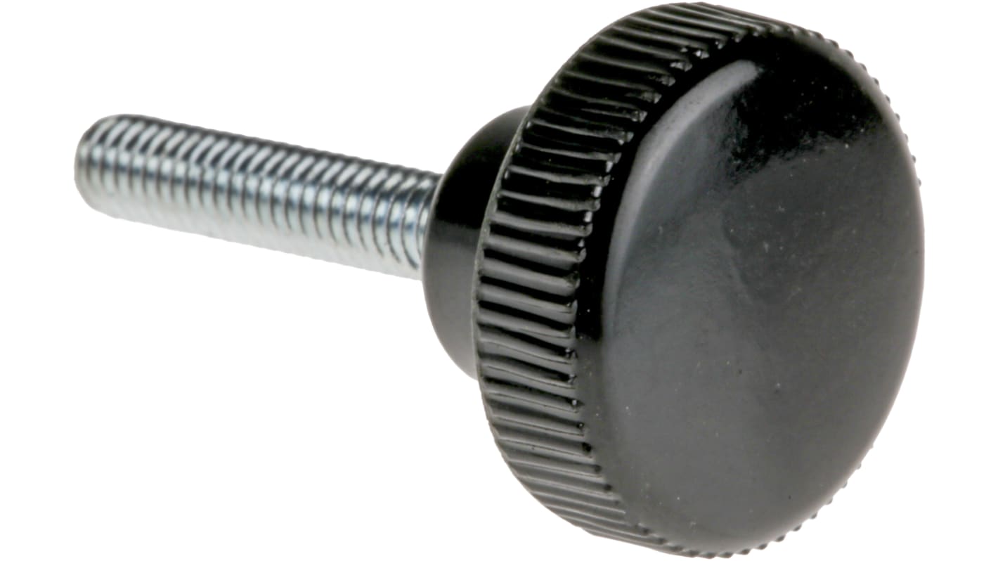 RS PRO Black Knurled Clamping Knob, M4, Threaded Stud