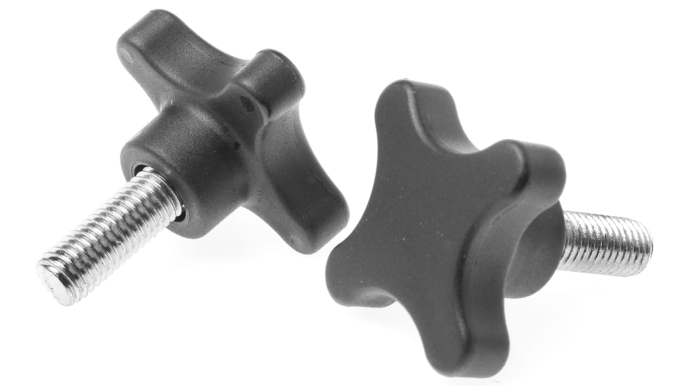 RS PRO Black 4-Arm Clamping Knob, M12, Threaded Stud