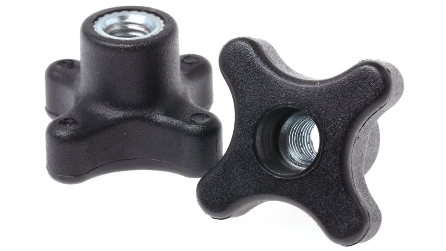 RS PRO Black 4-Arm Clamping Knob, M8, Threaded Through Hole